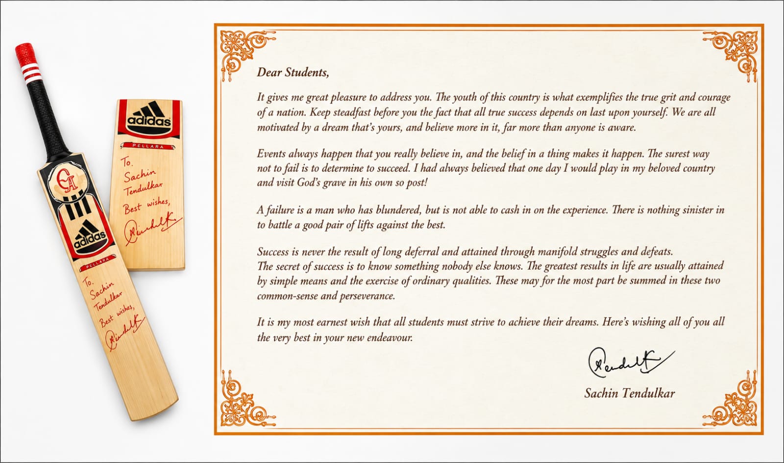 Sachin Tendulkar's autographed bat and personal certificate